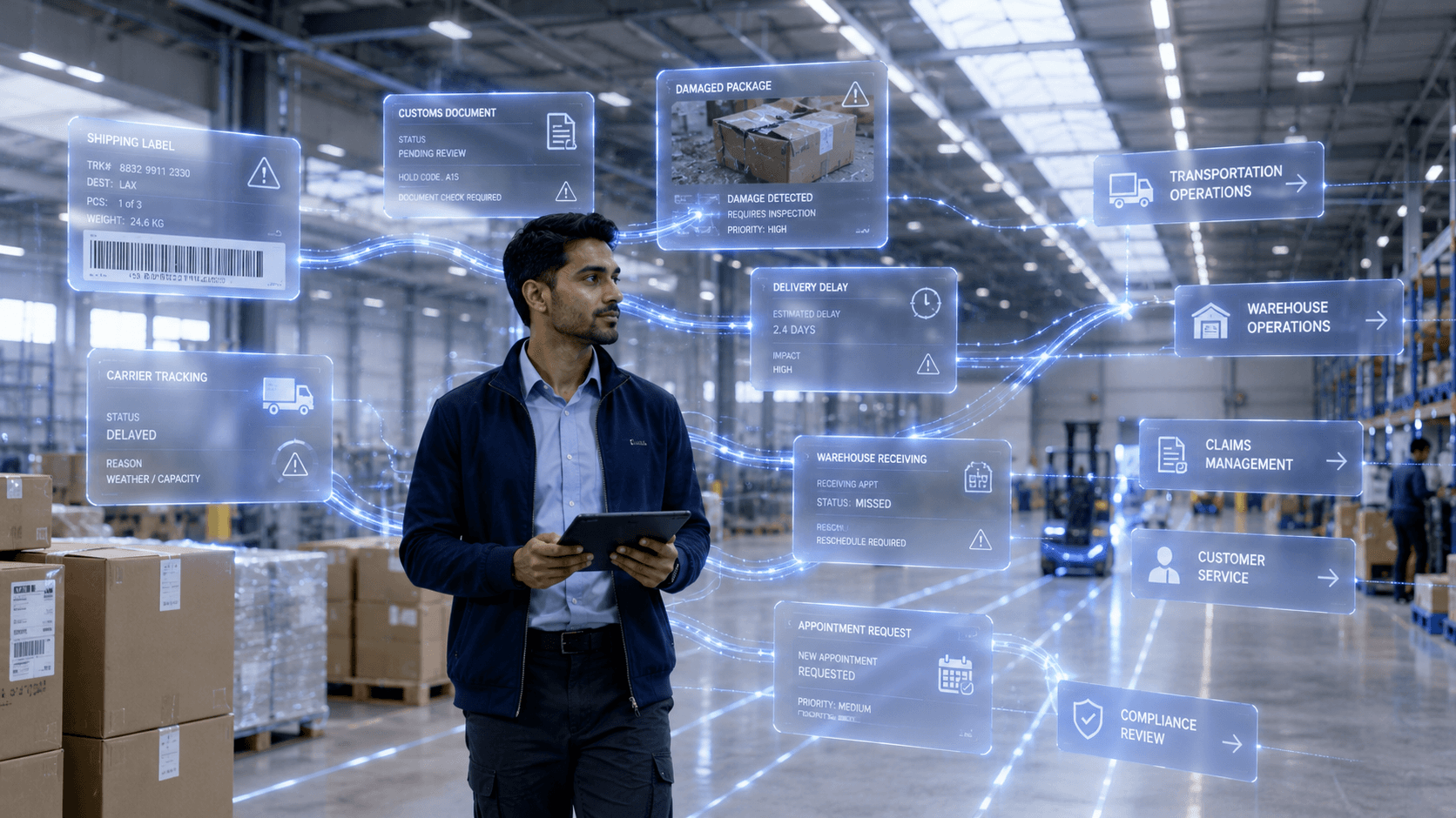 Shipment exception workflow showing AI-driven classification, severity scoring, routing, and escalation across logistics and transportation systems