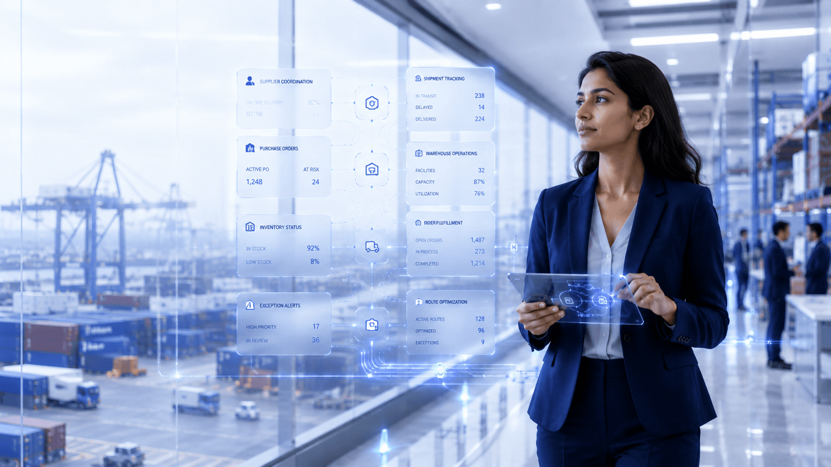 Supply chain operations control center with AI-driven exception routing, workflow orchestration, inventory visibility, and logistics coordination