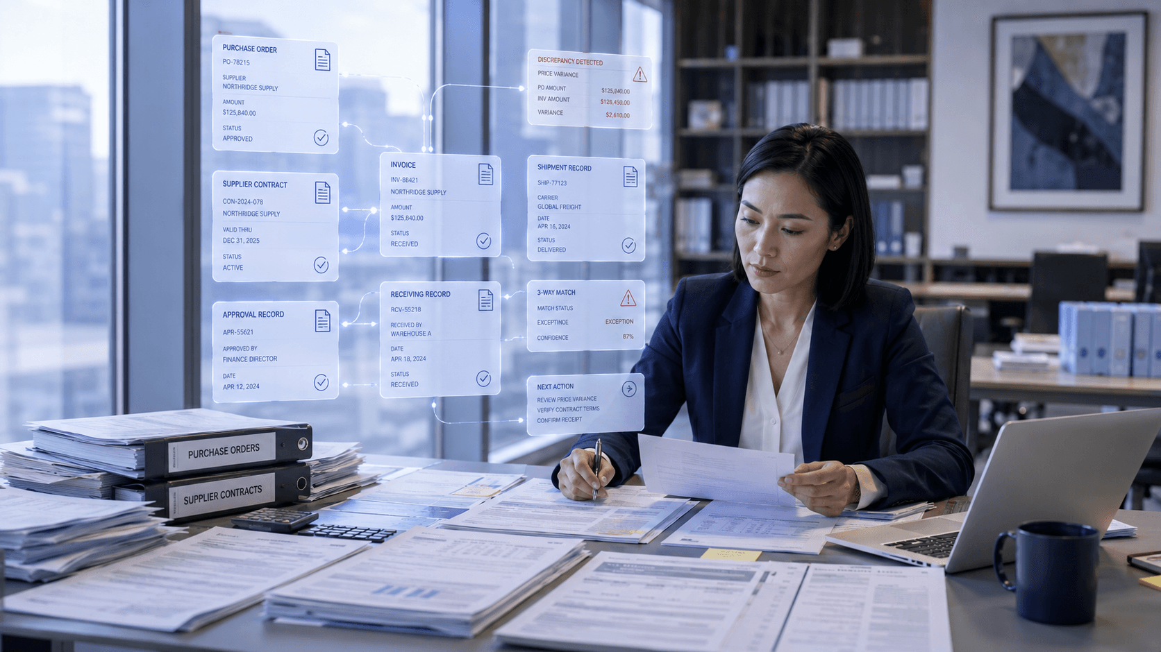 Purchase order exception handling workflow showing AI-driven mismatch classification, context retrieval, routing, and escalation across procurement systems