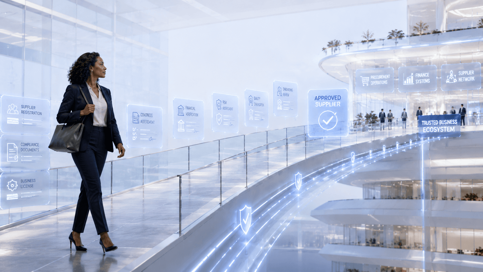 Supplier onboarding automation system showing AI-driven intake processing, document validation, approval routing, and exception handling across business systems